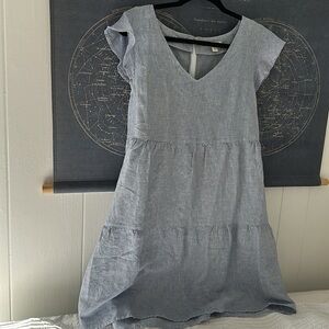 NET Goodthreads Blue and White Striped Linen Blend Knee Length Dress w/ Pockets